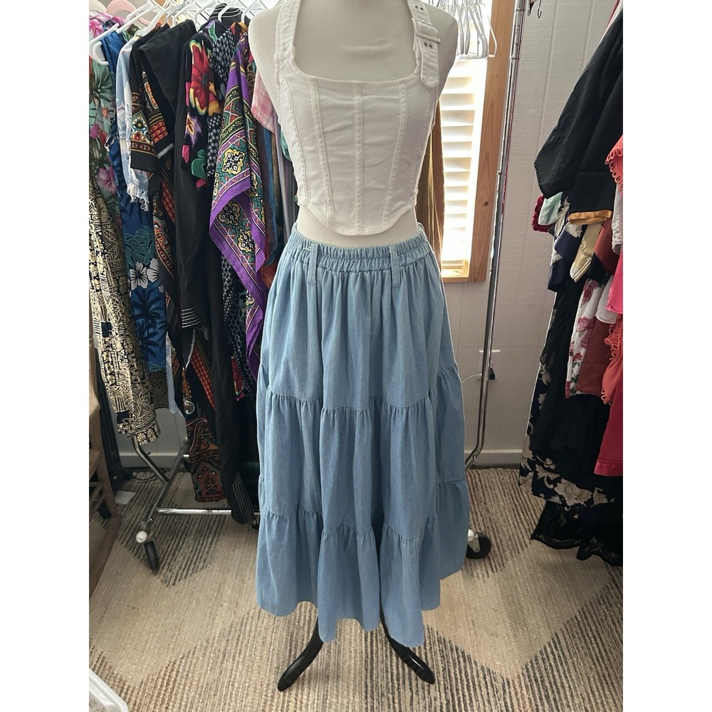 Vintage 80's Denim 3-Tiered Prairie Maxi Skirt Sz M Pull On Waist Loops Made USA